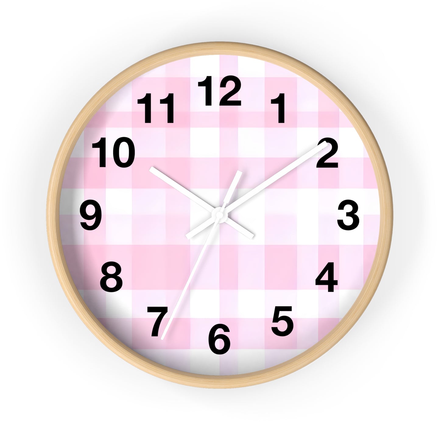 Pink Gingham Wall Clock — Cute Check Pattern Clock for Nursery & Kitchen
