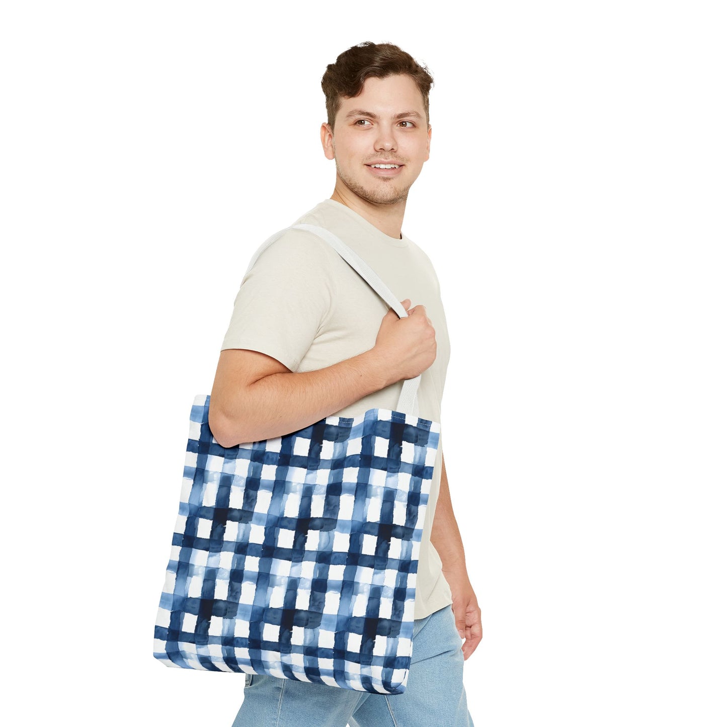 Blue Watercolor Plaid Tote Bag — Navy Check Pattern All-Over Print