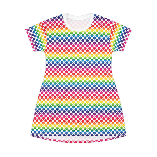 Rainbow Polka Dot T-Shirt Dress, Casual Summer Dress, Colorful Dress for Festivals, Gift for Her, Cute Everyday Wear