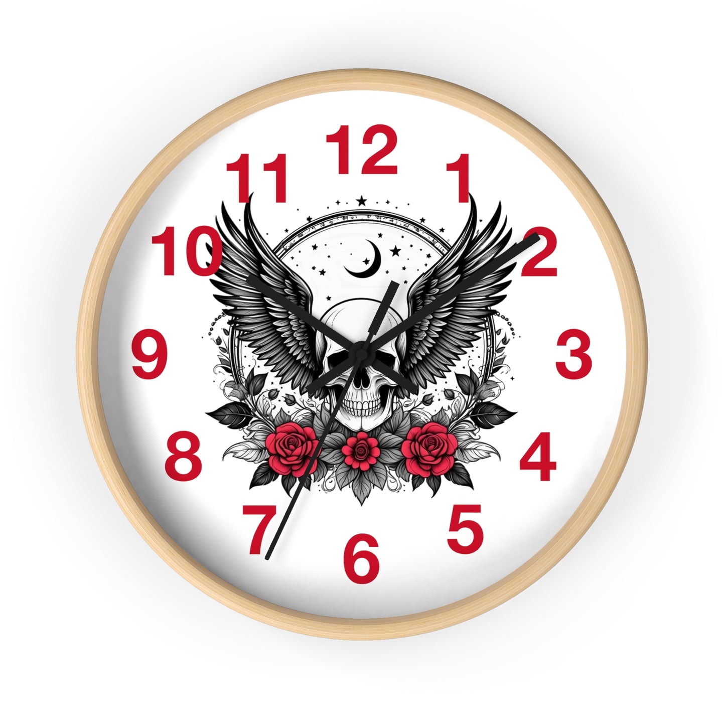 Winged Skull with Red Roses Wall Clock | Gothic Moon Skull Clock