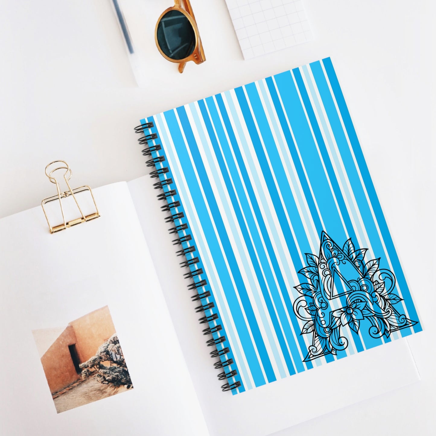 Blue Striped Monogram Notebook — Decorative 'A' Spiral Ruled Journal