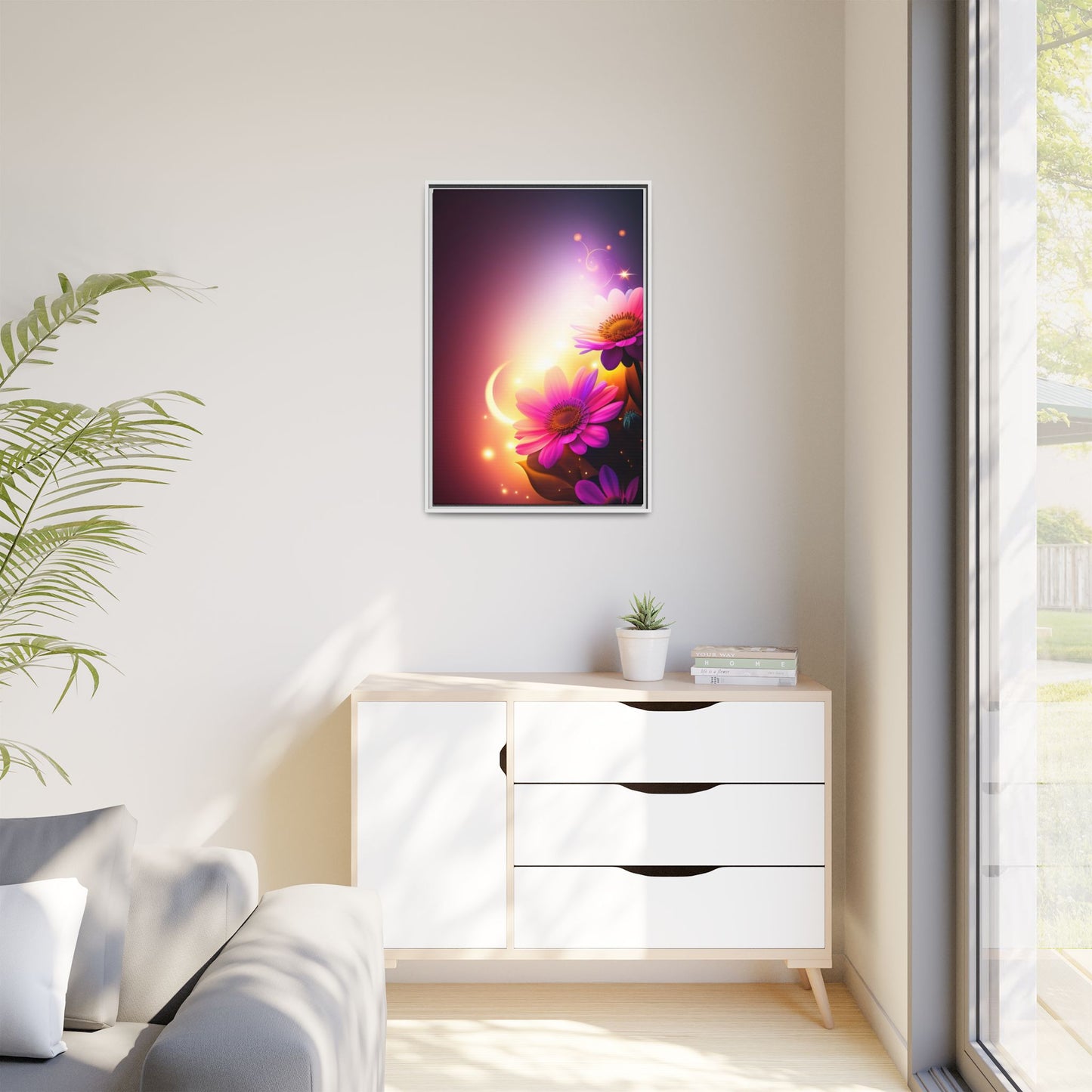 Framed Floral Canvas Art — Pink Daisies Sunset Wall Print