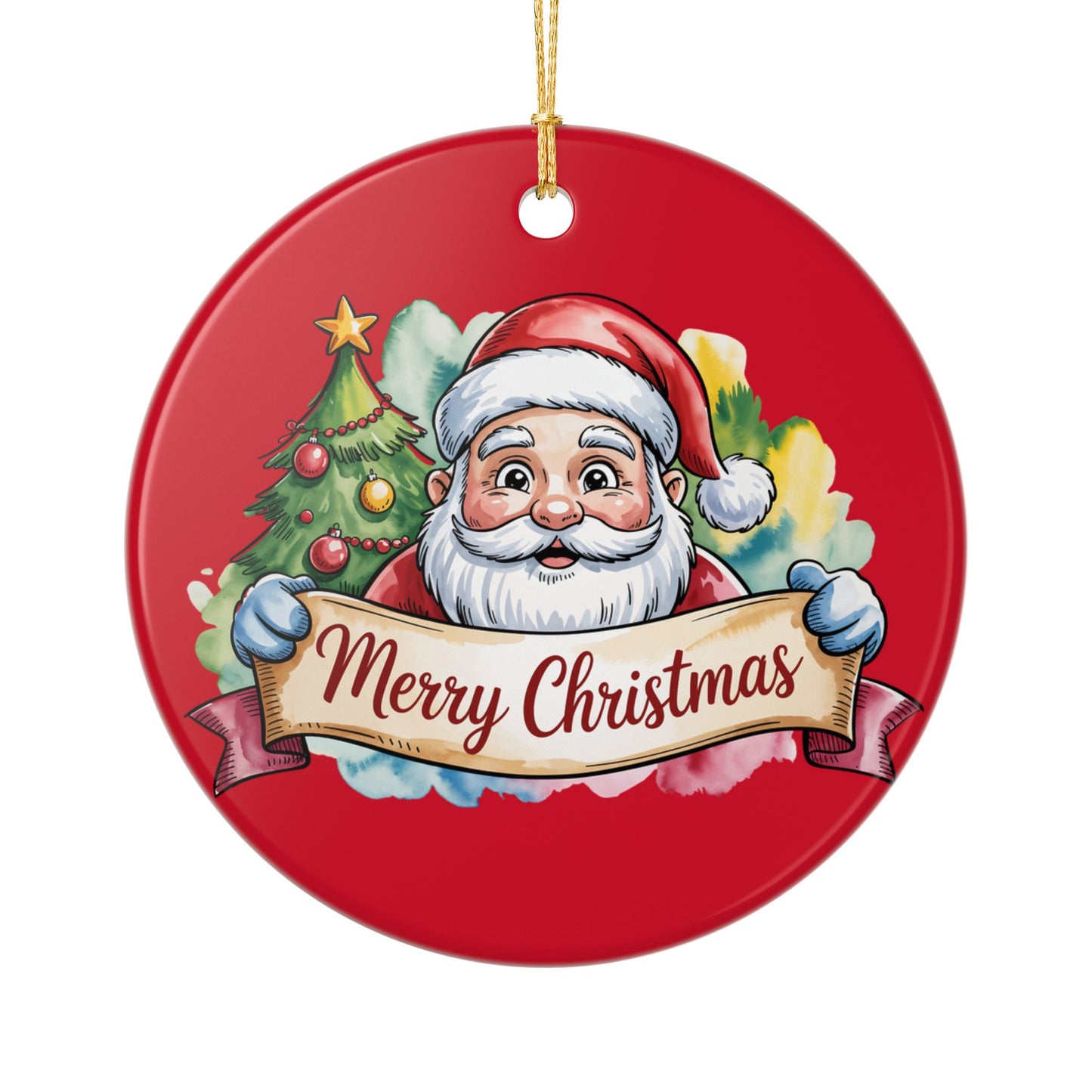 Santa Claus "Merry Christmas" Ceramic Ornament – Double-Sided Holiday Tree Decoration