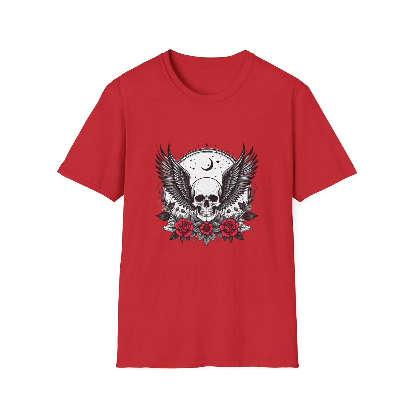 Skull Wings T‑Shirt – Crescent Moon & Red Roses Gothic Graphic Tee