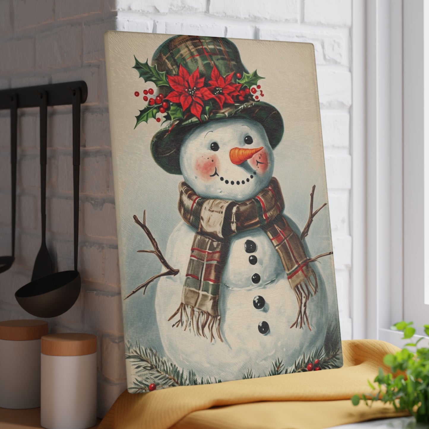 Snowman Glass Cutting Board — Festive Holiday Kitchen Decor & Serving Board