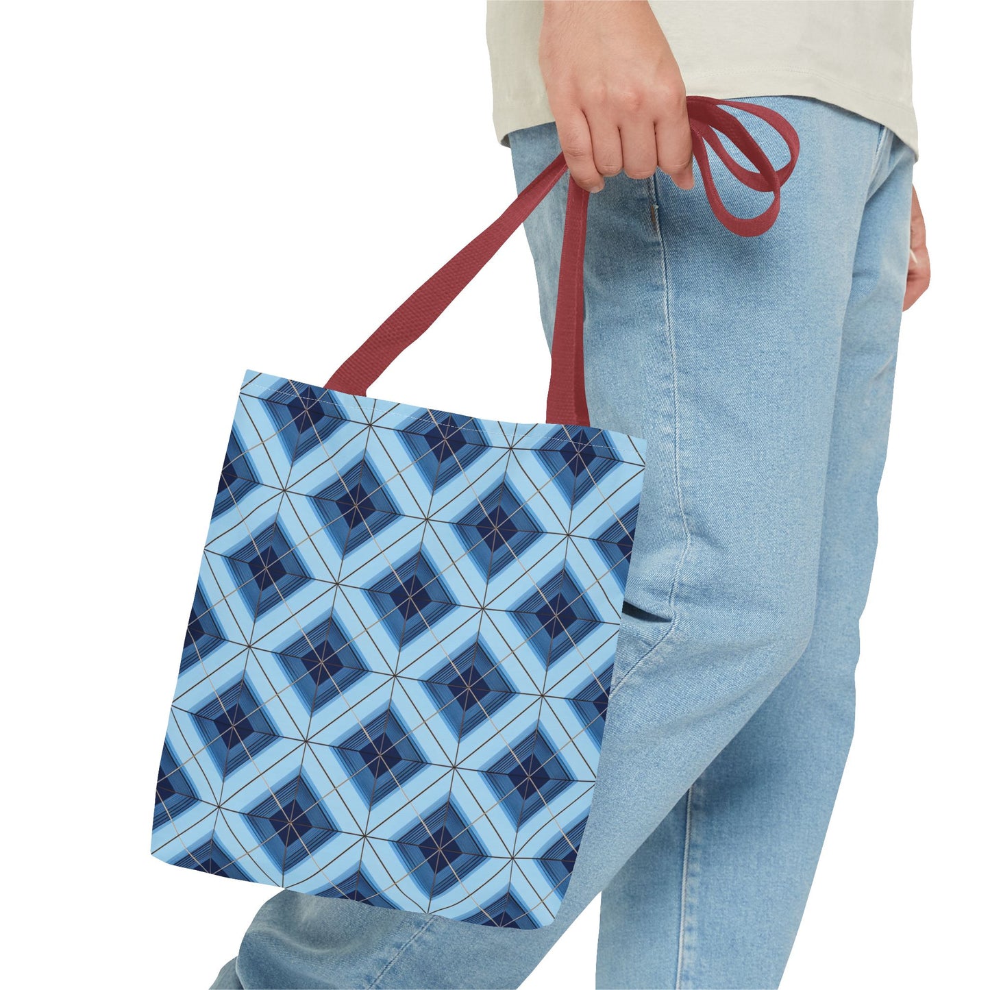 Blue Geometric Tote Bag — Repeating Diamond Pattern AOP