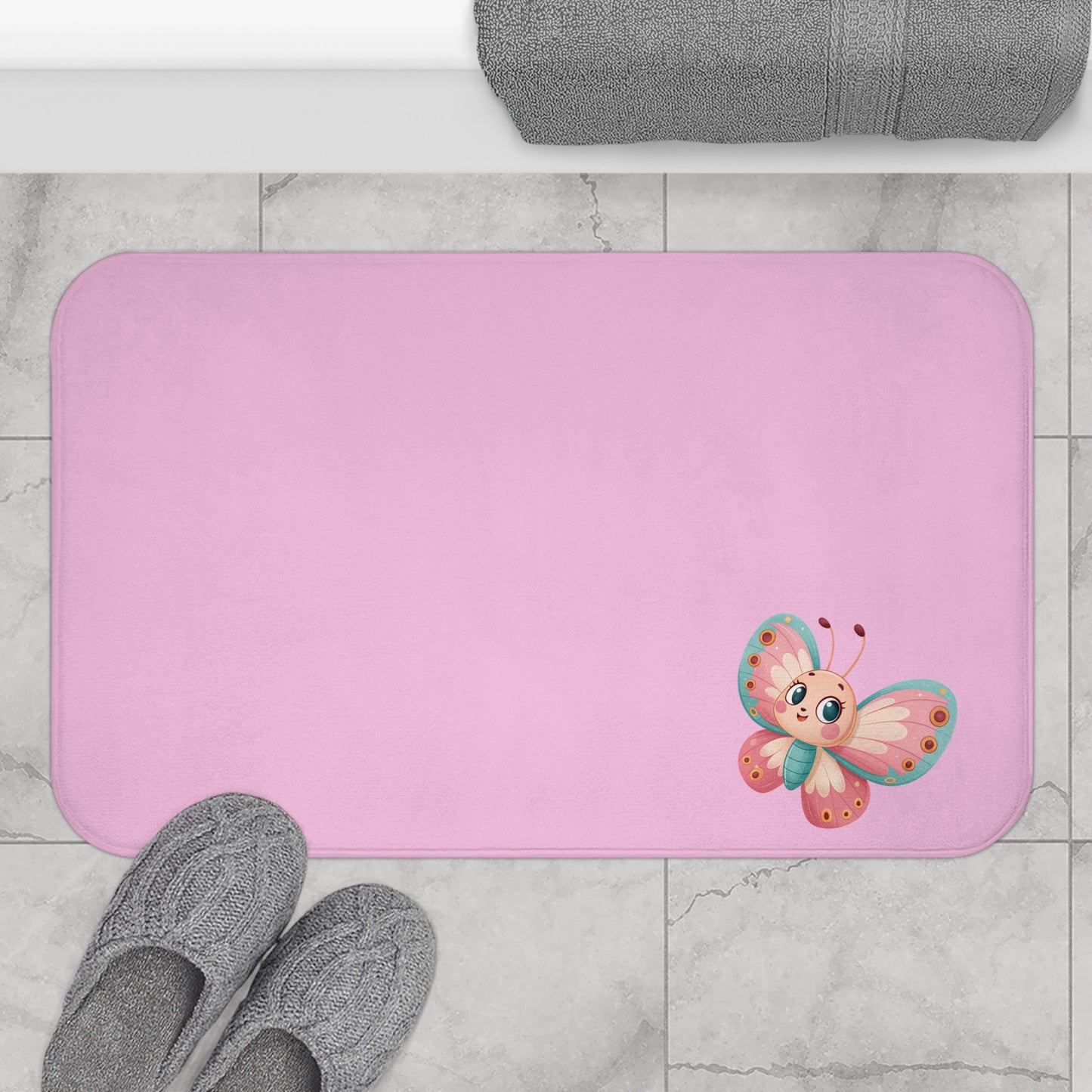 Cute Butterfly Pink Bath Mat | Soft Bathroom Rug for Kids, Bathroom Decor, Nursery Mat, Gift for New Parents