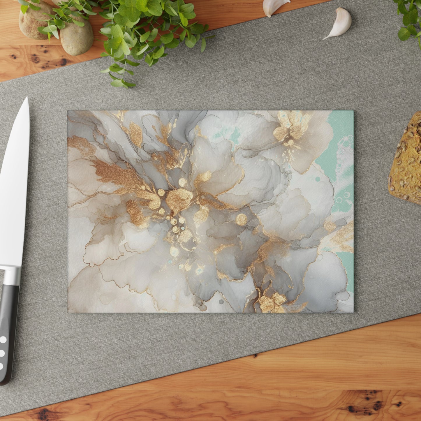 Glass Cutting Board - Elegant Gold & Mint Abstract Floral Tempered Glass Chopping Board