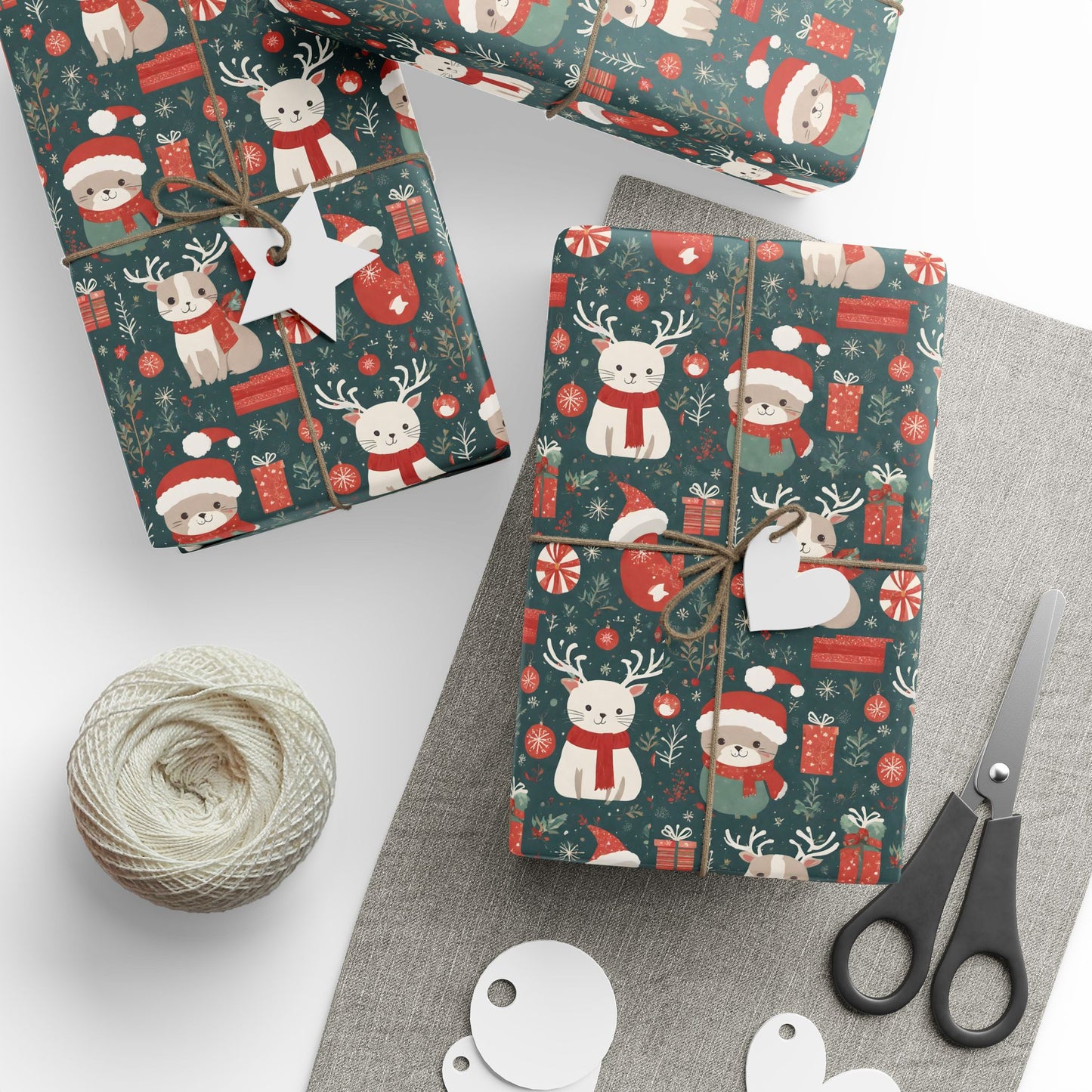Christmas Wrapping Paper Roll — Cute Santa & Reindeer Pattern, Holiday Gift Wrap