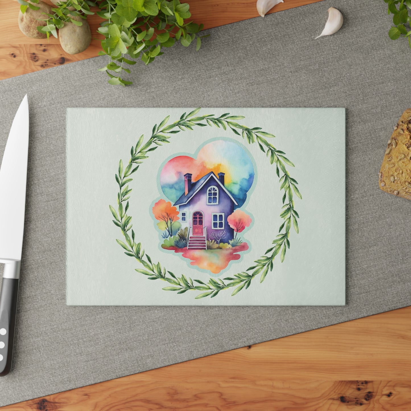 Charming Home-themed Glass Cutting Board - Kitchen Decor, Housewarming Gift, Unique Culinary Gift, Functional Art, Family Kitchen Essentials