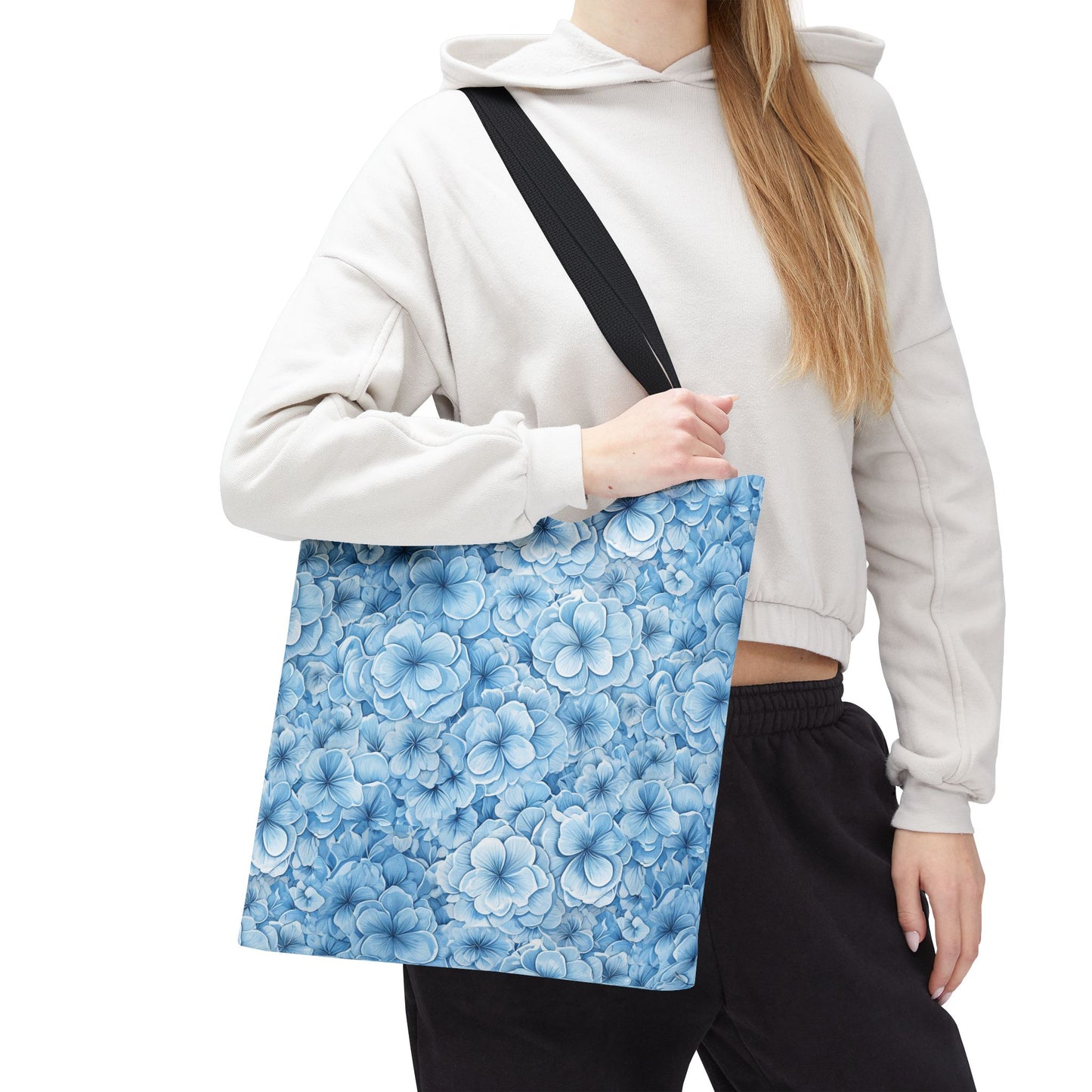 Blue Watercolor Floral Tote Bag — Reusable Flower Pattern Shopper
