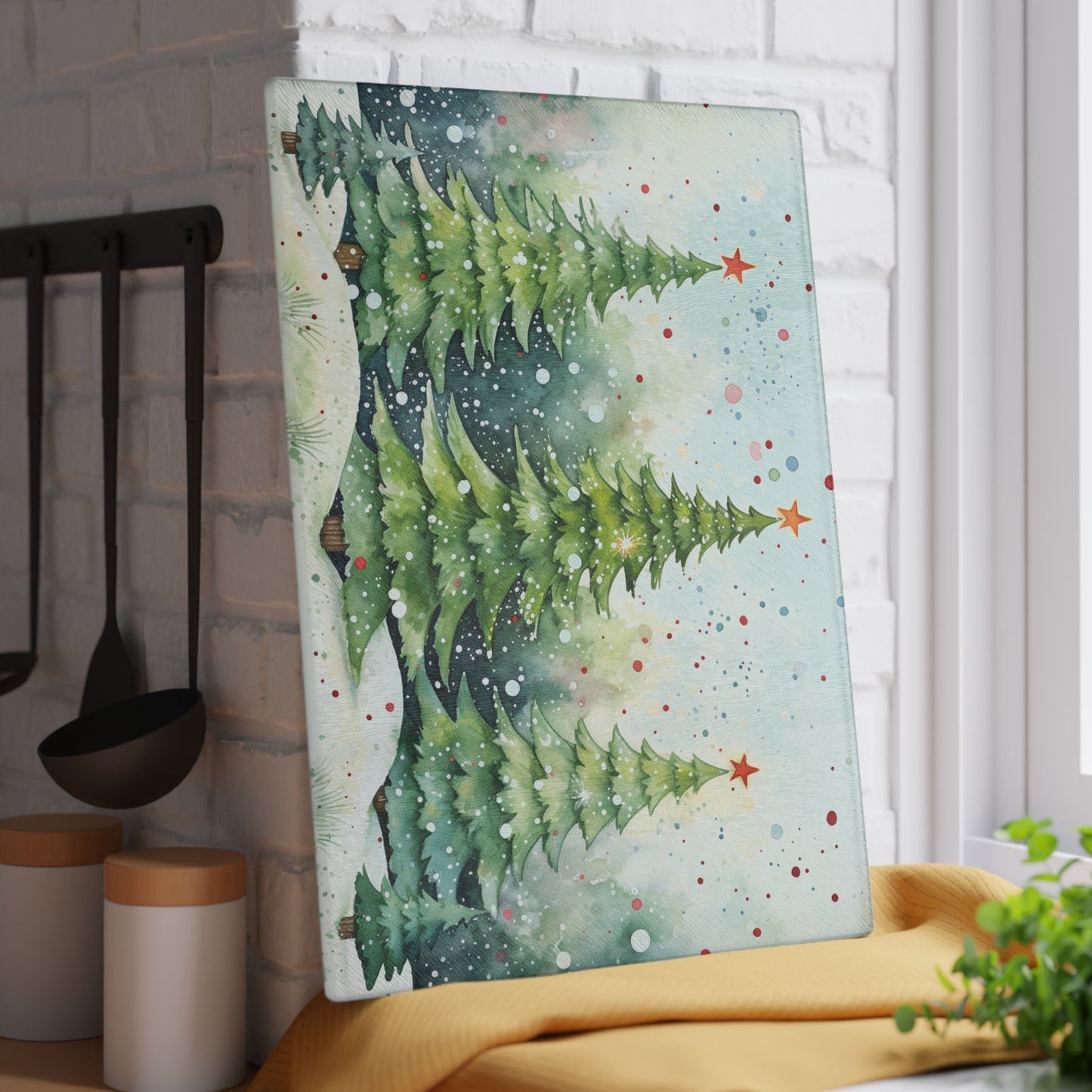 Glass Cutting Board — Watercolor Christmas Trees Holiday Kitchen Decor