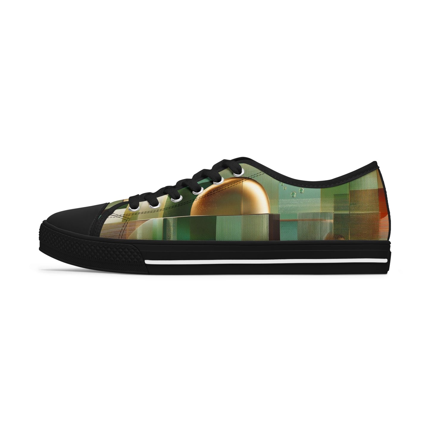 Low Top Sneakers — Green Abstract Geometric with Gold Orb Design
