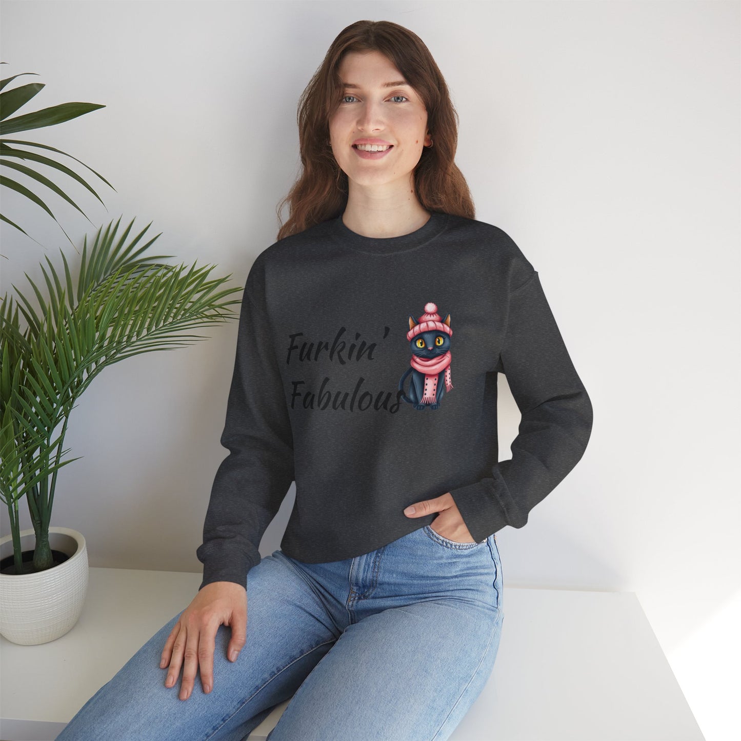 Crewneck Sweatshirt — "Furkin' Fabulous" Cute Black Cat in Pink Hat & Scarf