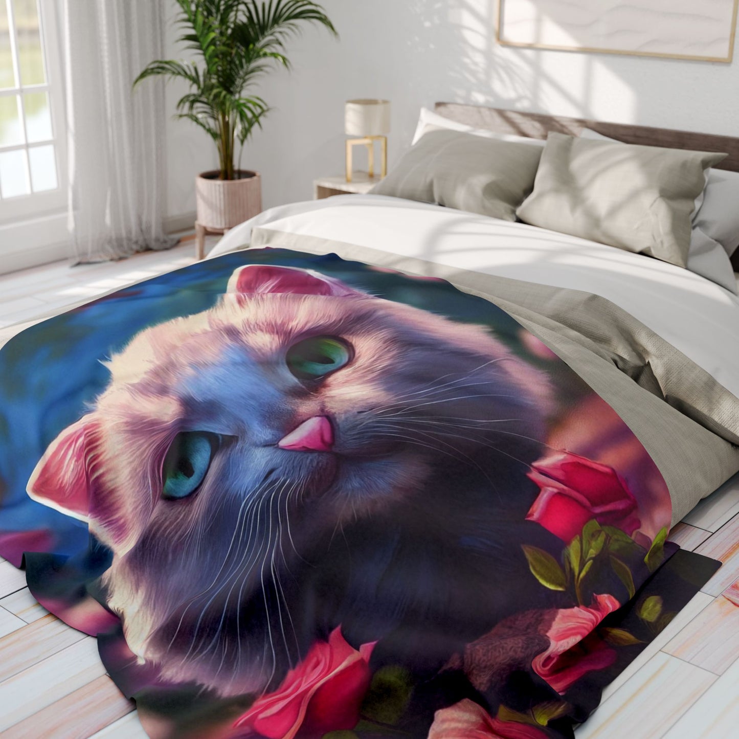 Cozy Cat-Themed Fleece Blanket, Cute Cat Gift, Floral Throw Blanket, Pet Lover Decor, Cat Lover Gift, Home Comforts