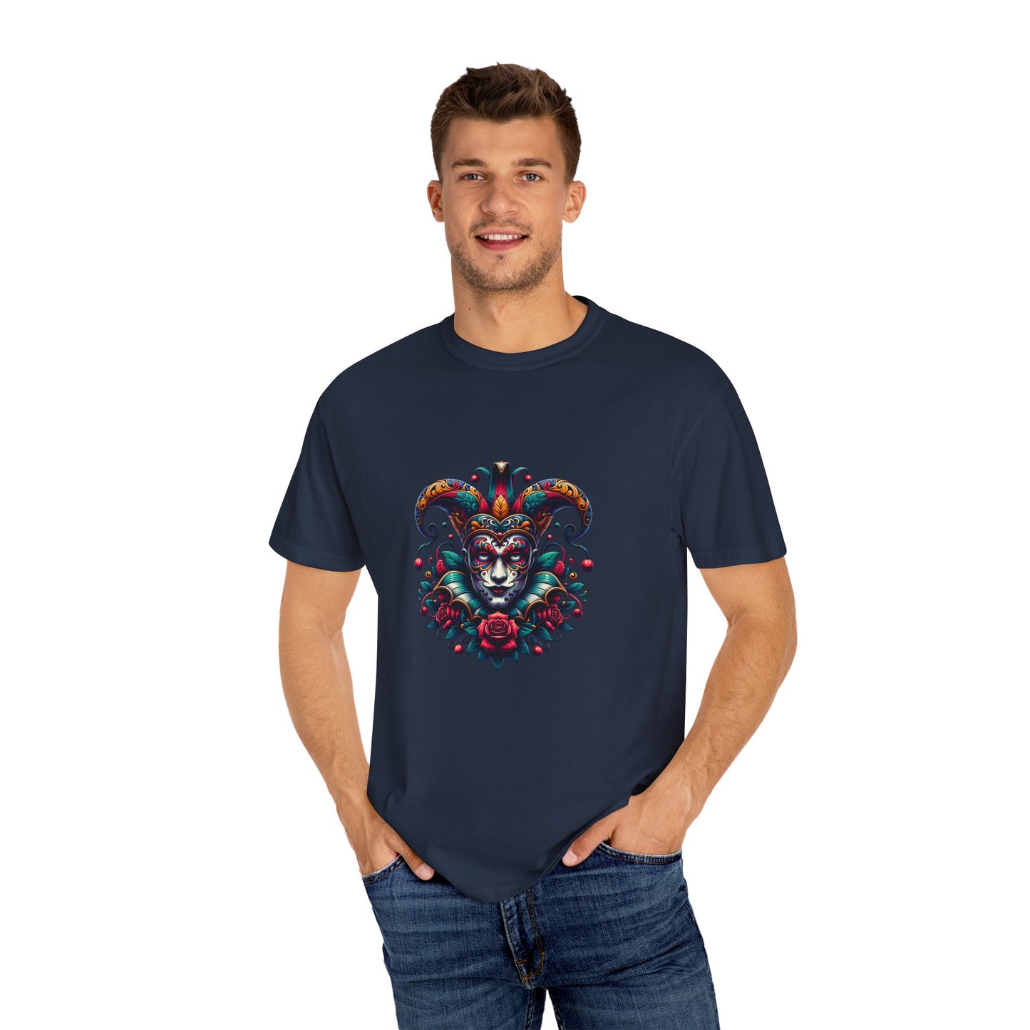 Vibrant Unisex Garment-Dyed T-shirt Featuring Colorful Jester Design, Festival Fashion