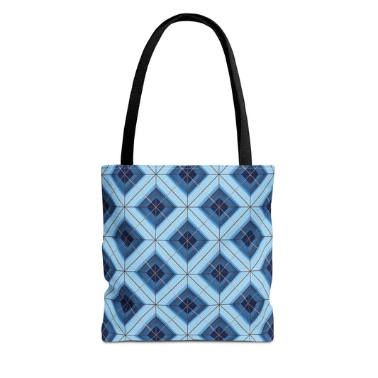 Blue Geometric Tote Bag — Repeating Diamond Pattern AOP
