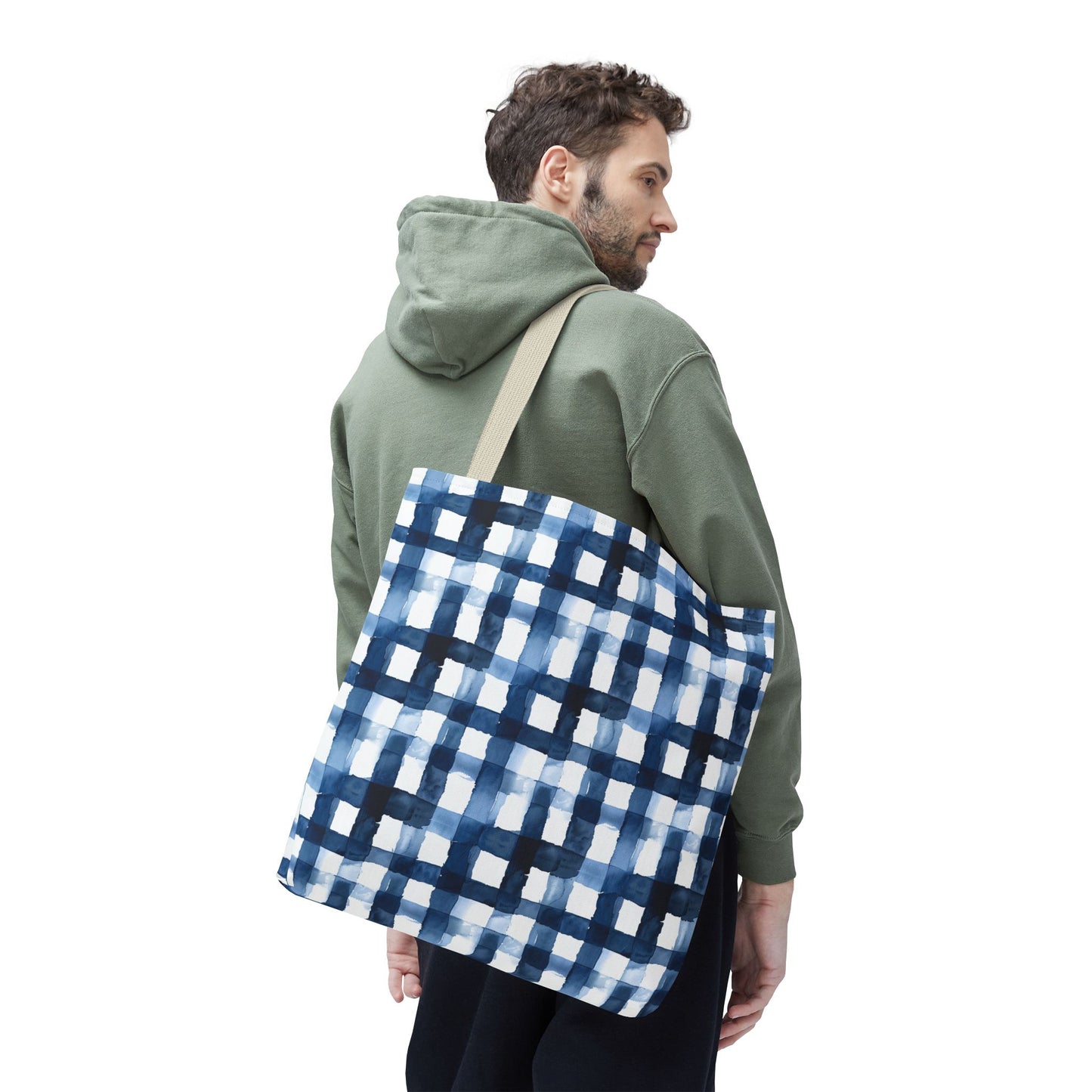 Blue Watercolor Plaid Tote Bag — Navy Check Pattern All-Over Print