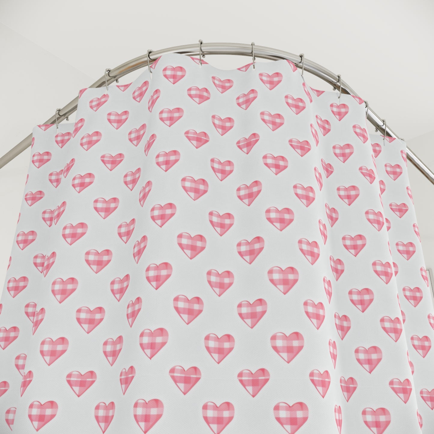 Pink Gingham Heart Shower Curtain — Romantic Valentine Bathroom Decor