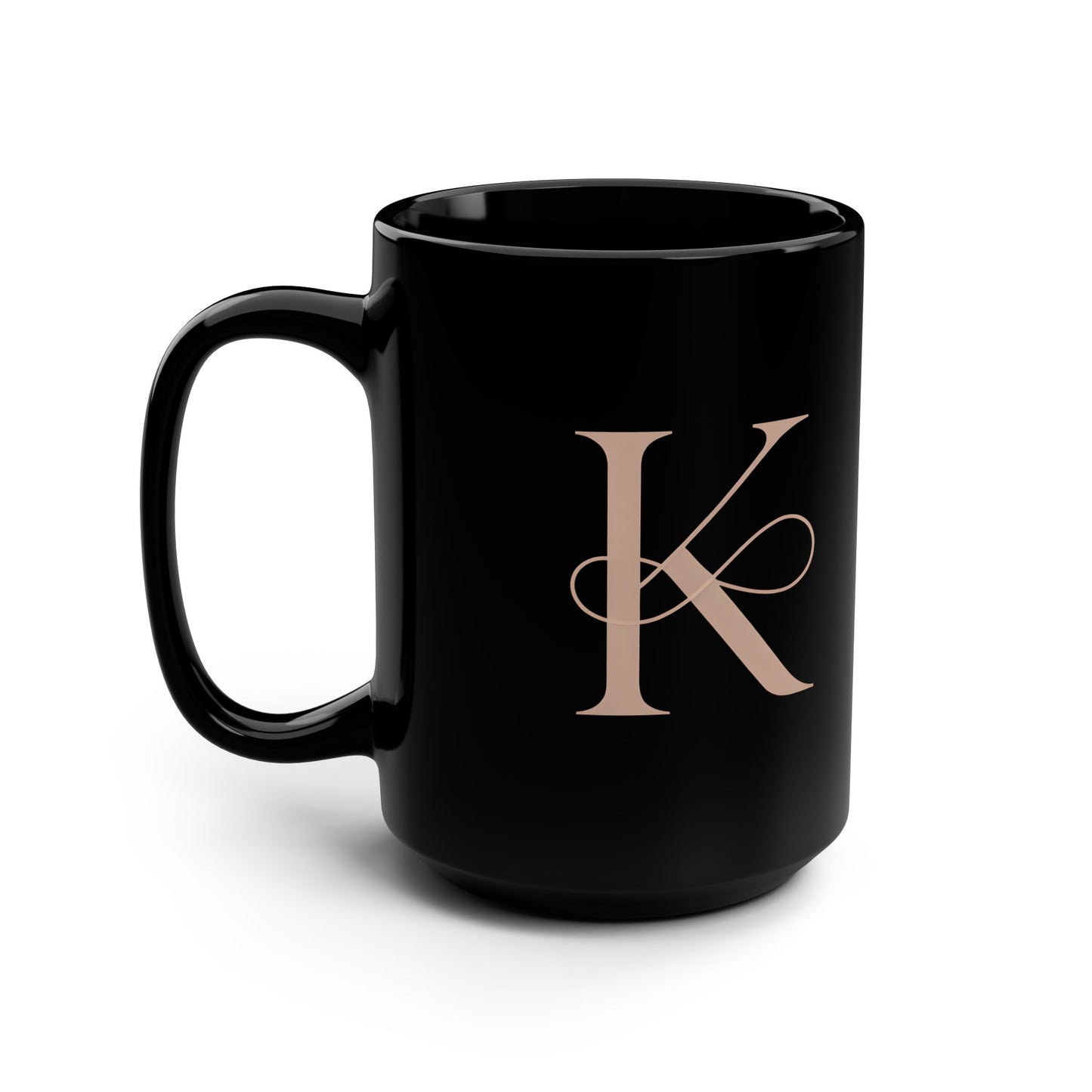 Monogram K Black Ceramic Mug – Elegant Rose Gold Initial Coffee Cup, 15oz