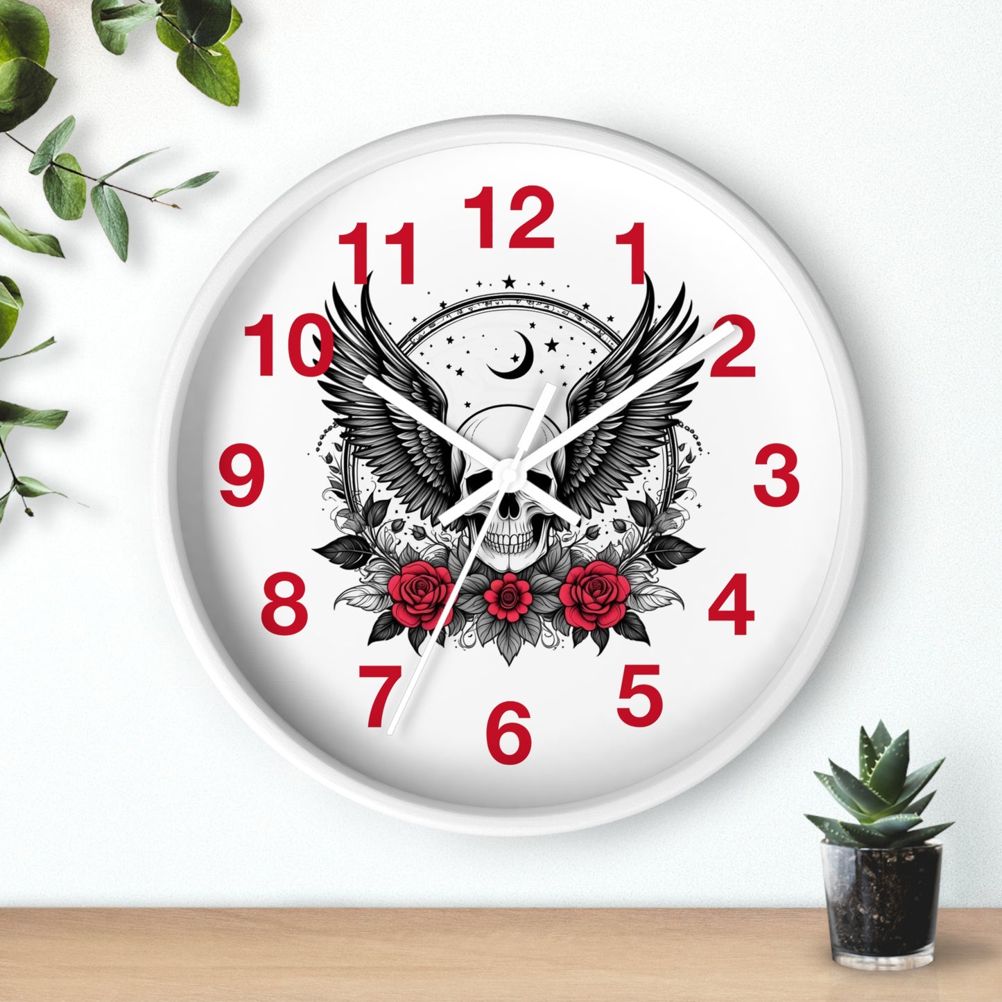 Winged Skull with Red Roses Wall Clock | Gothic Moon Skull Clock
