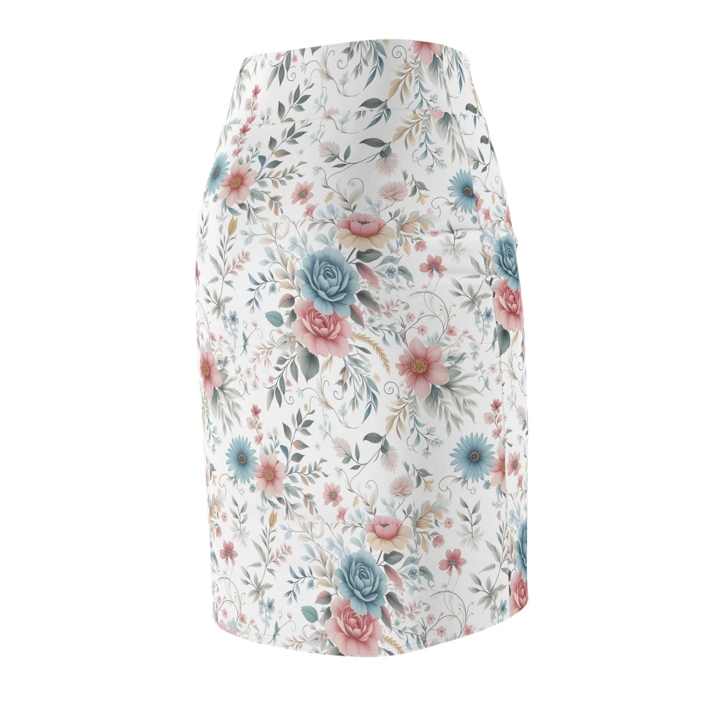 Floral Vintage Pencil Skirt — Pastel Rose & Blue Garden Print