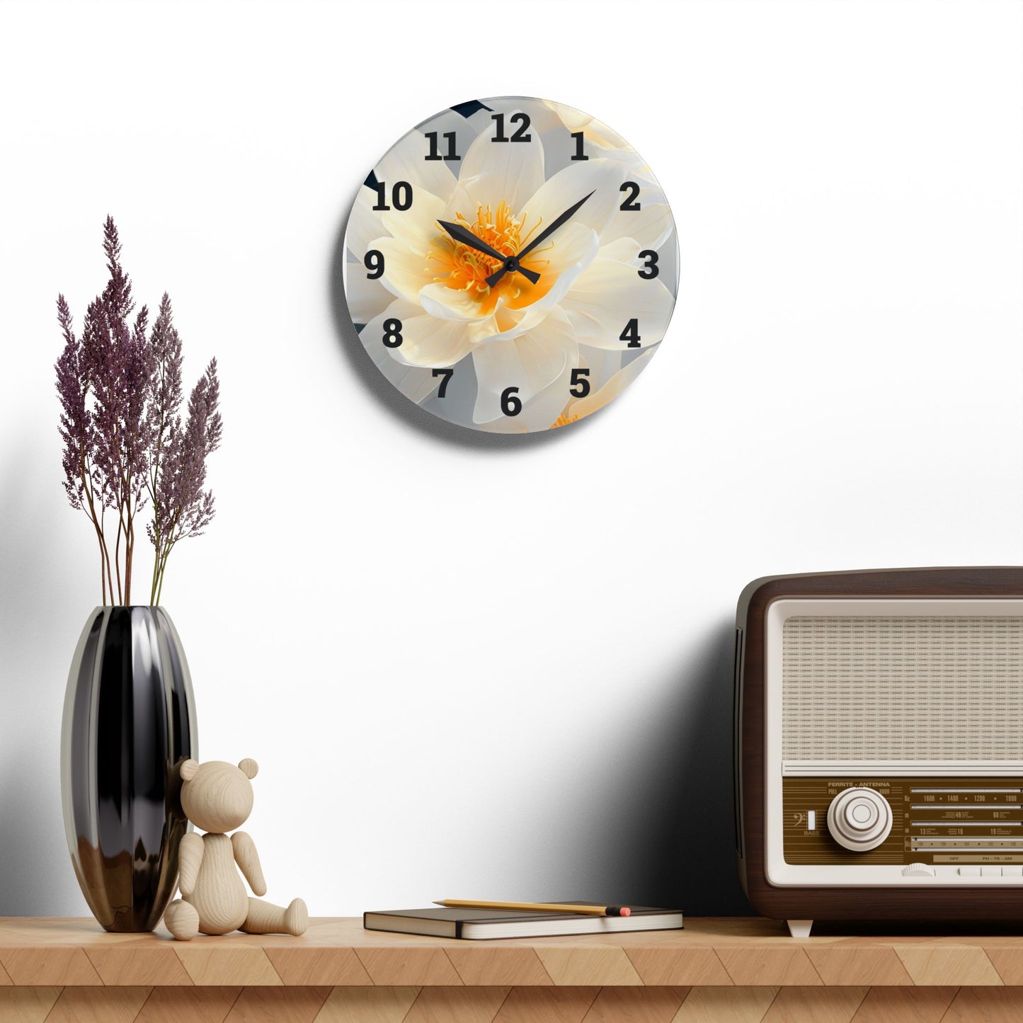 Elegant Bloom Acrylic Wall Clock, Floral Home Decor, Modern Wall Art
