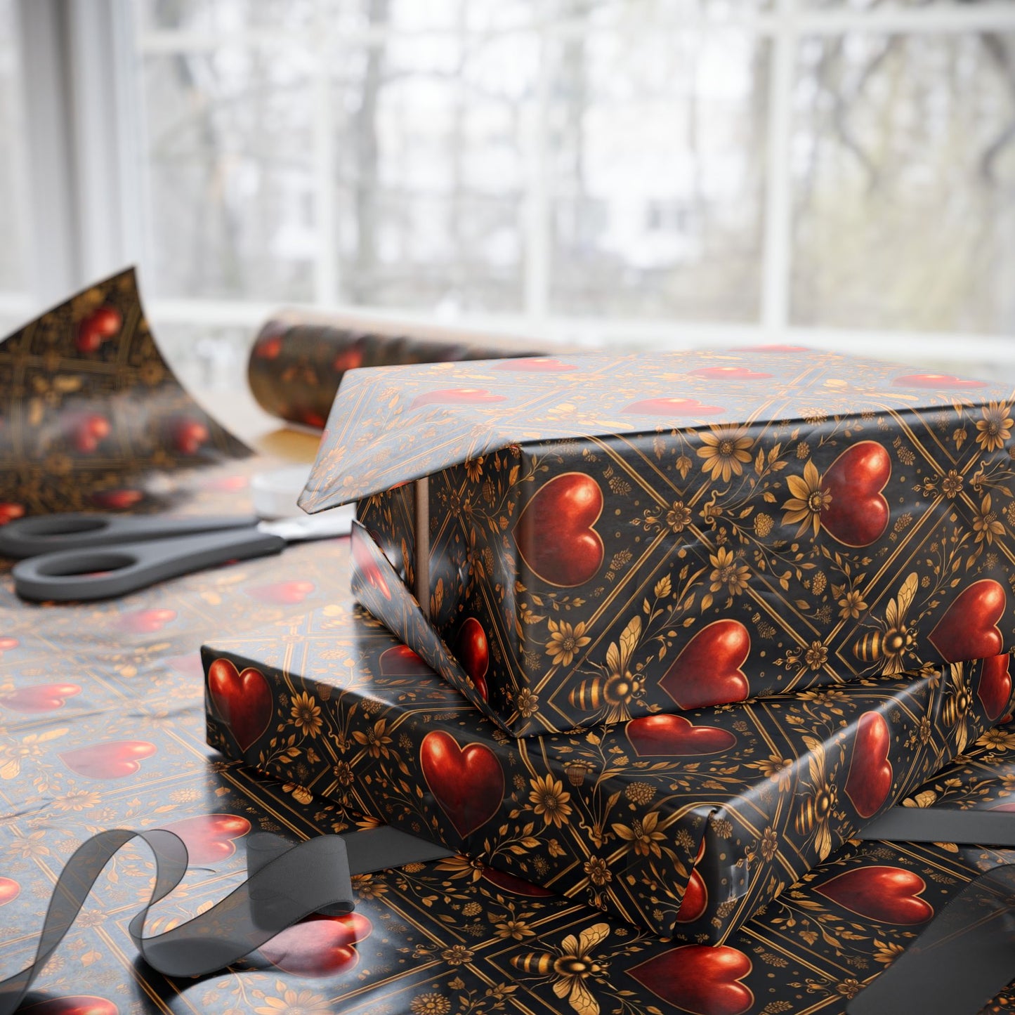 Ornate Heart Wrapping Paper Roll – Elegant Red & Gold Gift Wrap