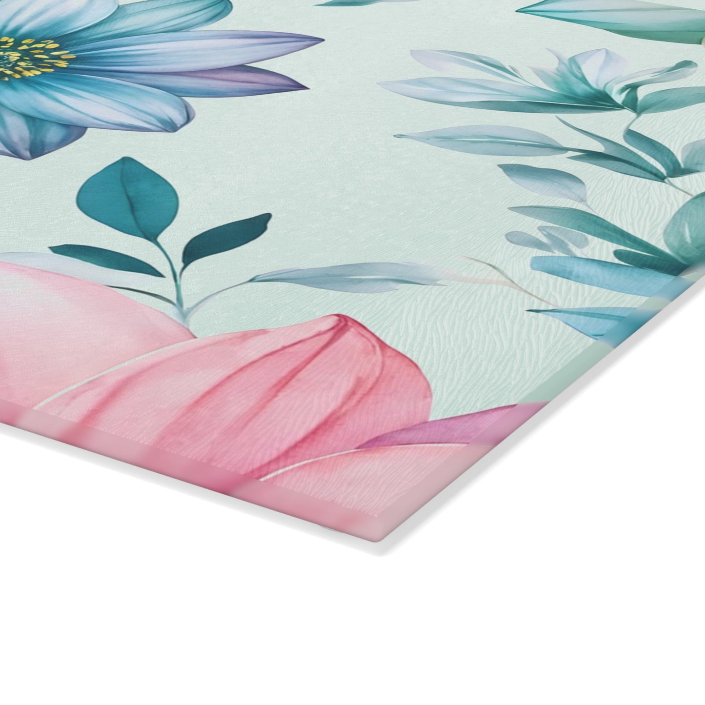 Floral Glass Cutting Board — Pastel Blue Watercolor Flowers