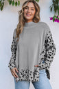 Gray Leopard High Neck Side Slit Oversized Sweater