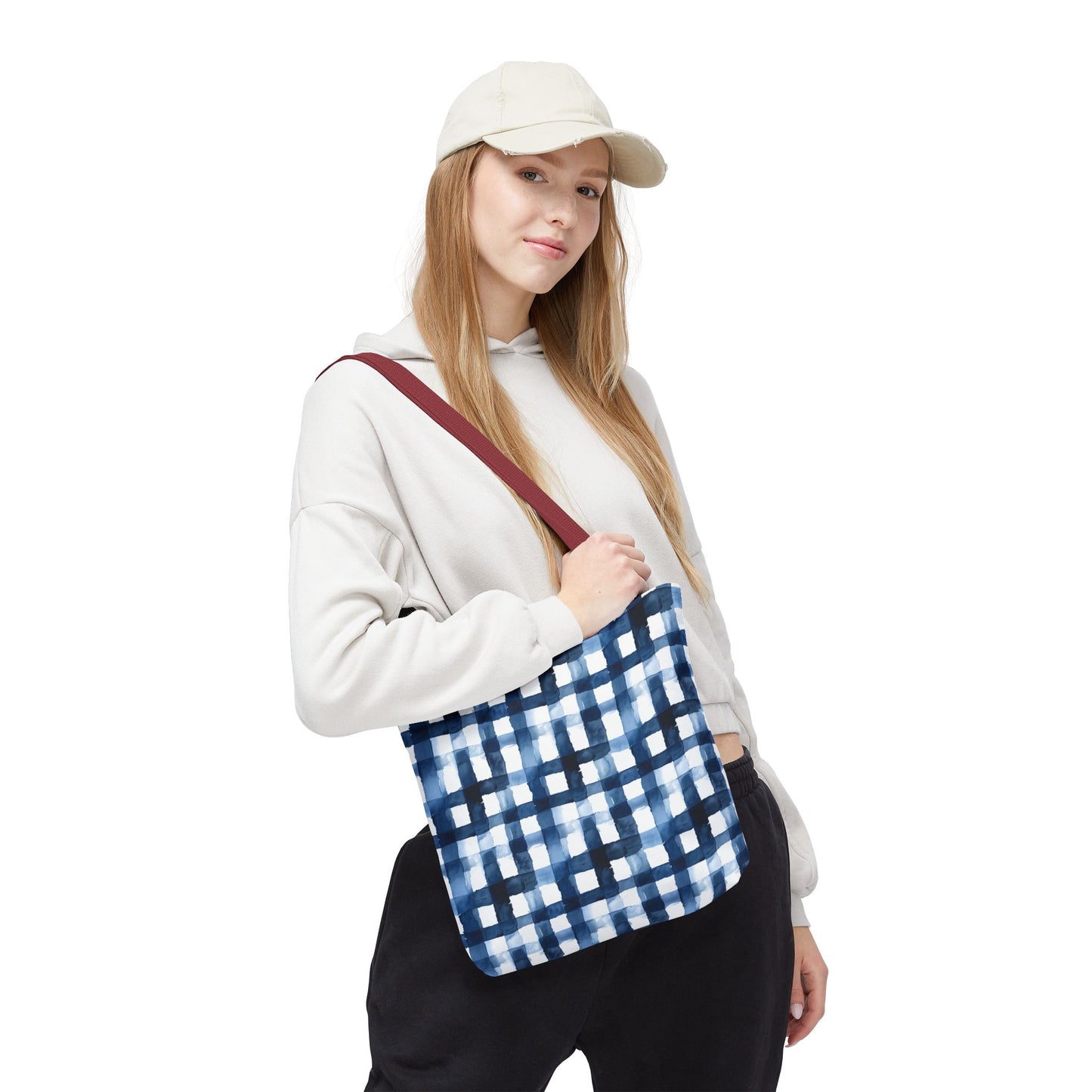 Blue Watercolor Plaid Tote Bag — Navy Check Pattern All-Over Print