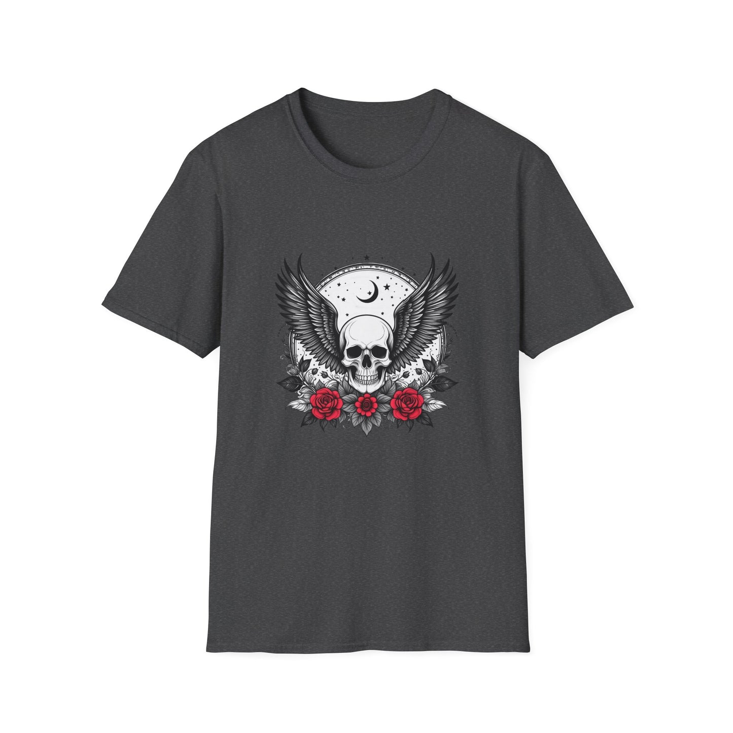 Skull Wings T‑Shirt – Crescent Moon & Red Roses Gothic Graphic Tee