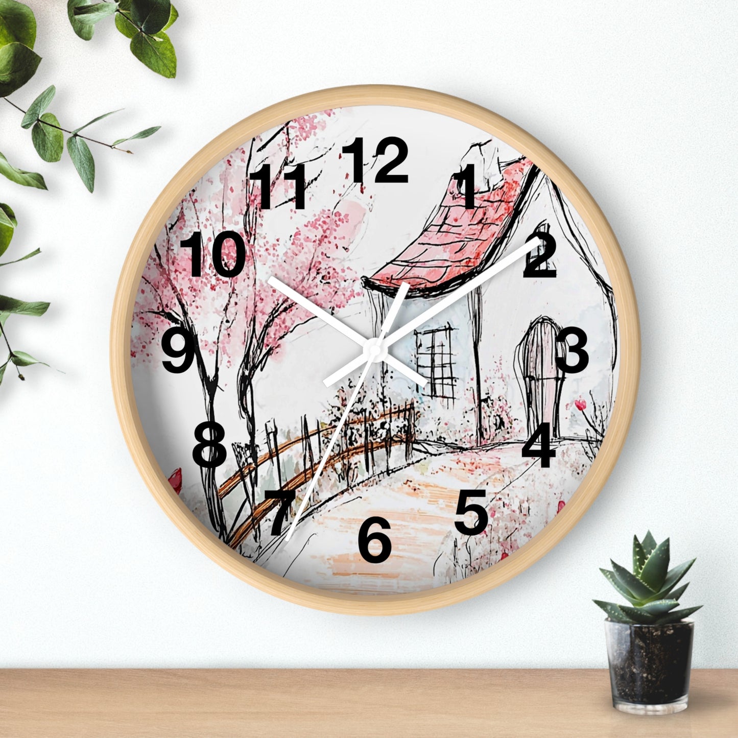 Cottage Garden Wall Clock — Hand-Drawn Pink Blossom Scene