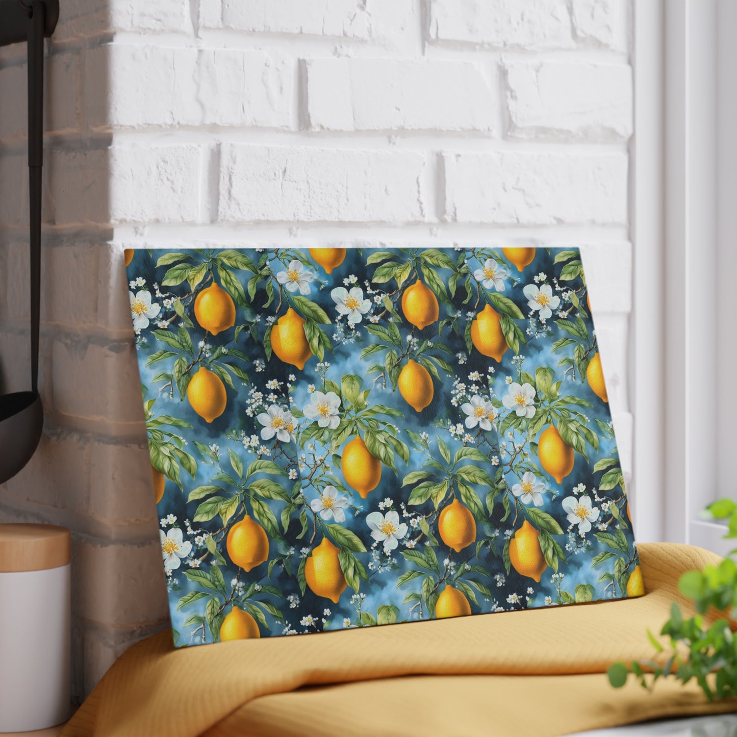 Lemon Blossom Glass Cutting Board — Citrus Kitchen Countertop Board