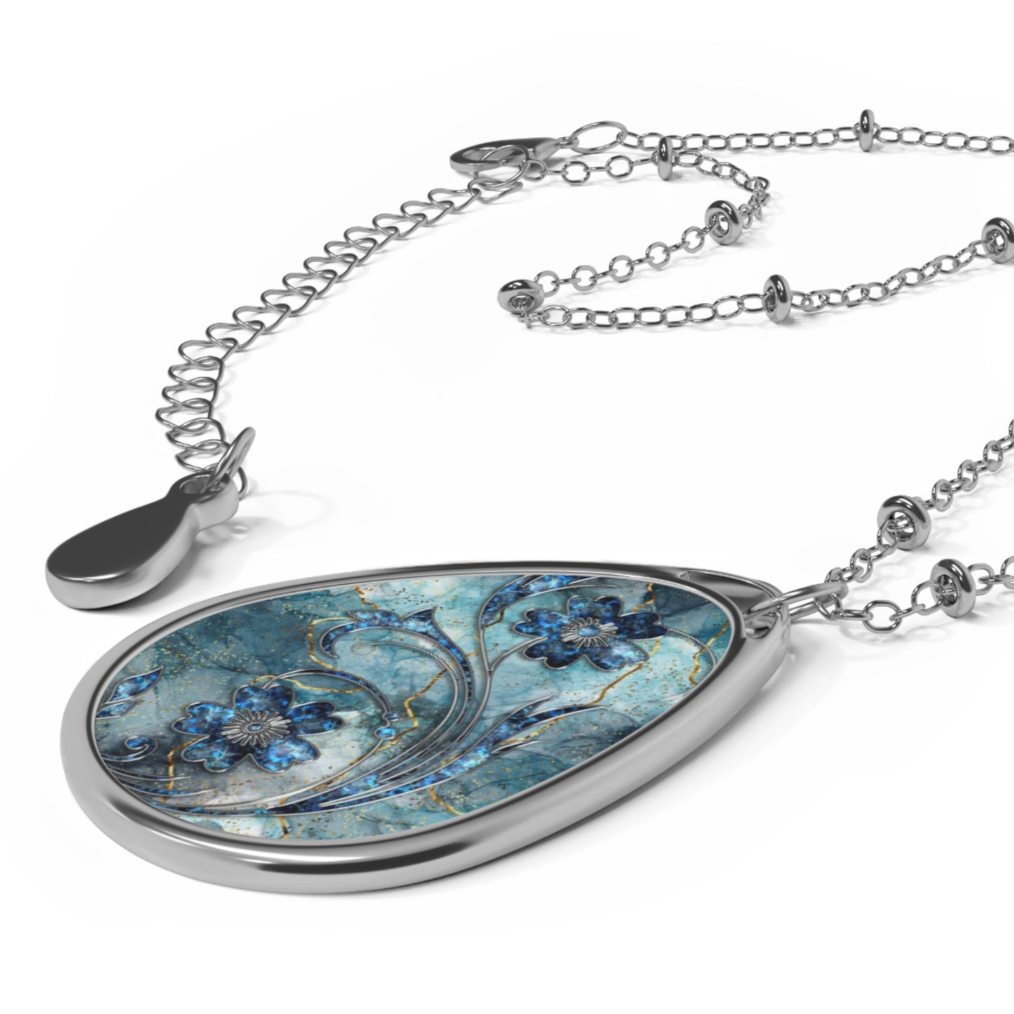 Blue Floral Oval Necklace, Boho Jewelry, Stylish Pendant