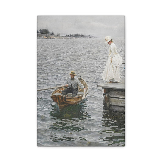 Seaside Stroll Canvas Print — Vintage Woman & Rowboat Matte Stretched Art 1.25"