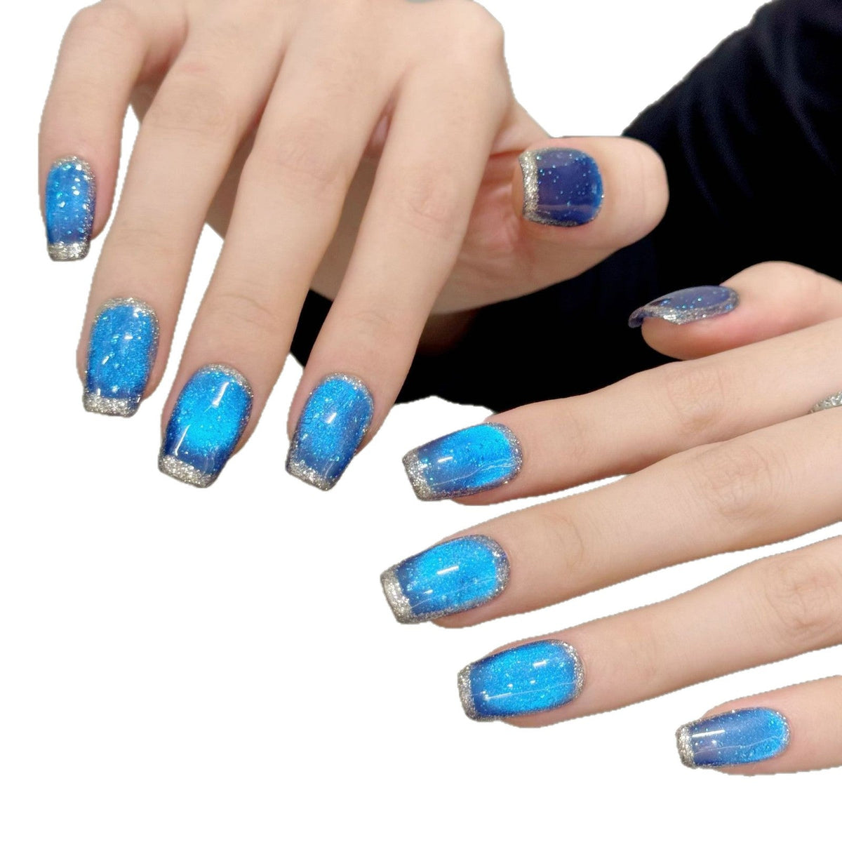 365nails: "Sapphire Galaxy" – Cat-Eye Glitter & Silver French Tip Handmade Short Square Nails – Image 4