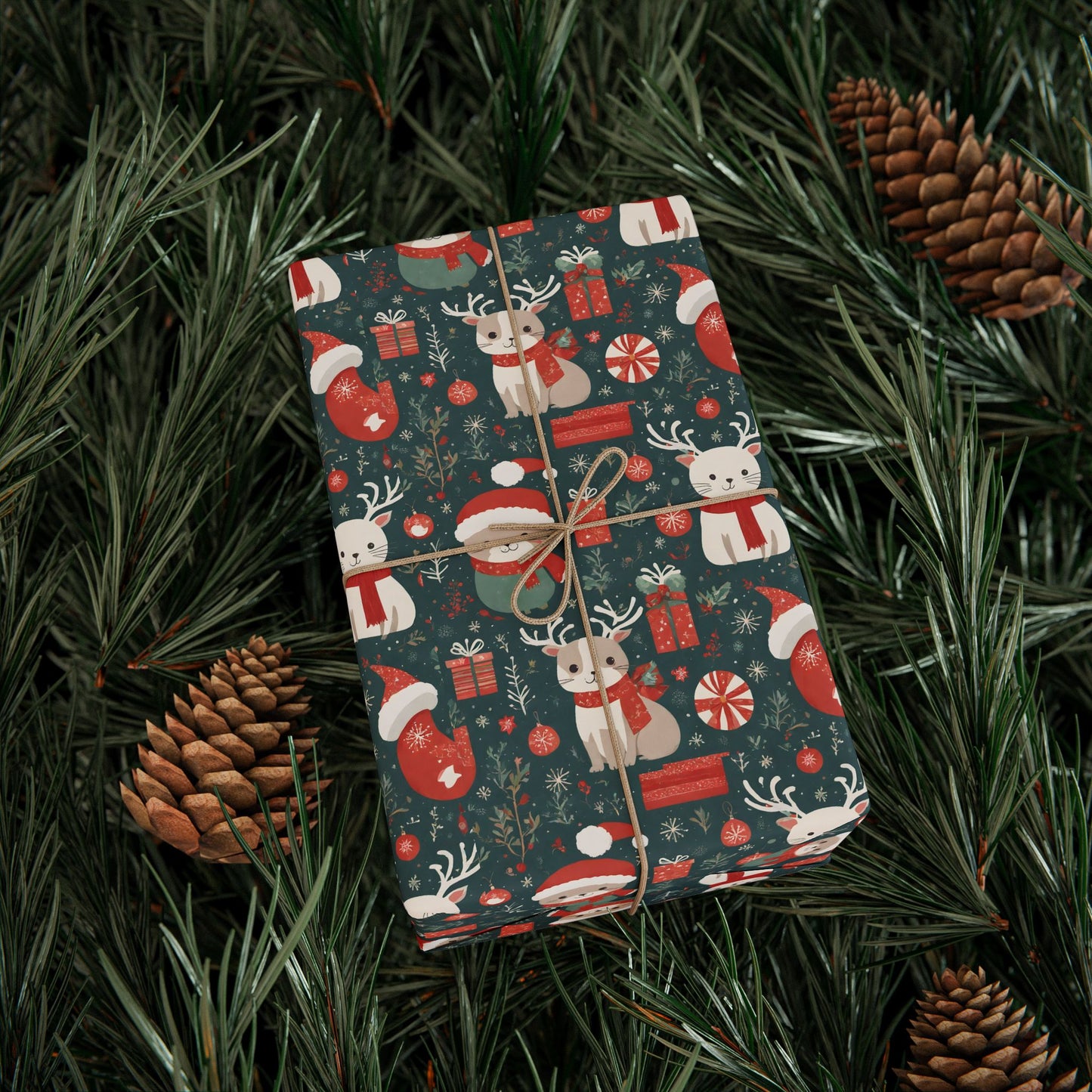 Christmas Wrapping Paper Roll — Cute Santa & Reindeer Pattern, Holiday Gift Wrap