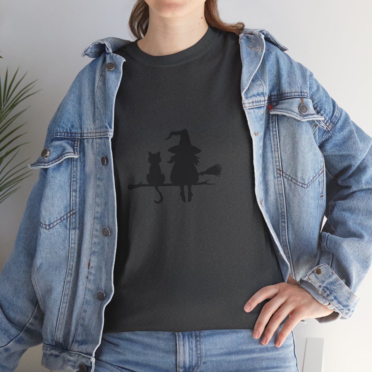 Witch and Cat Tee | Spooky Unisex Shirt for Halloween | Cute Witchwear for Cat Lovers | Fall Wardrobe Essential | Gift for Magical Friends