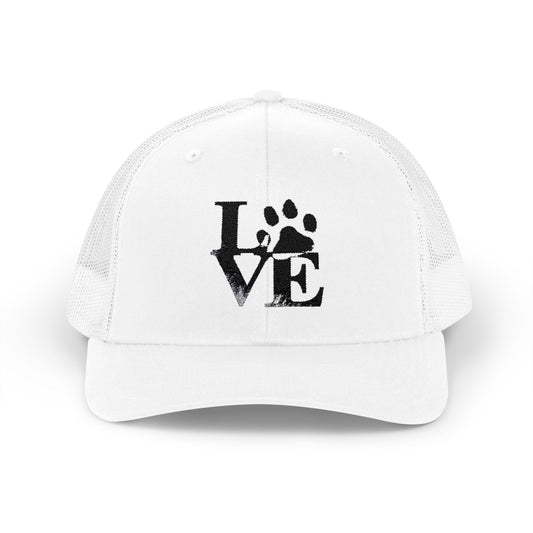 Love Paw Print Trucker Cap for Animal Lovers, Adjustable Snapback Hat for Pet Owners, Gifts for Dog Moms, Cat Dads, Pet Adoption Events