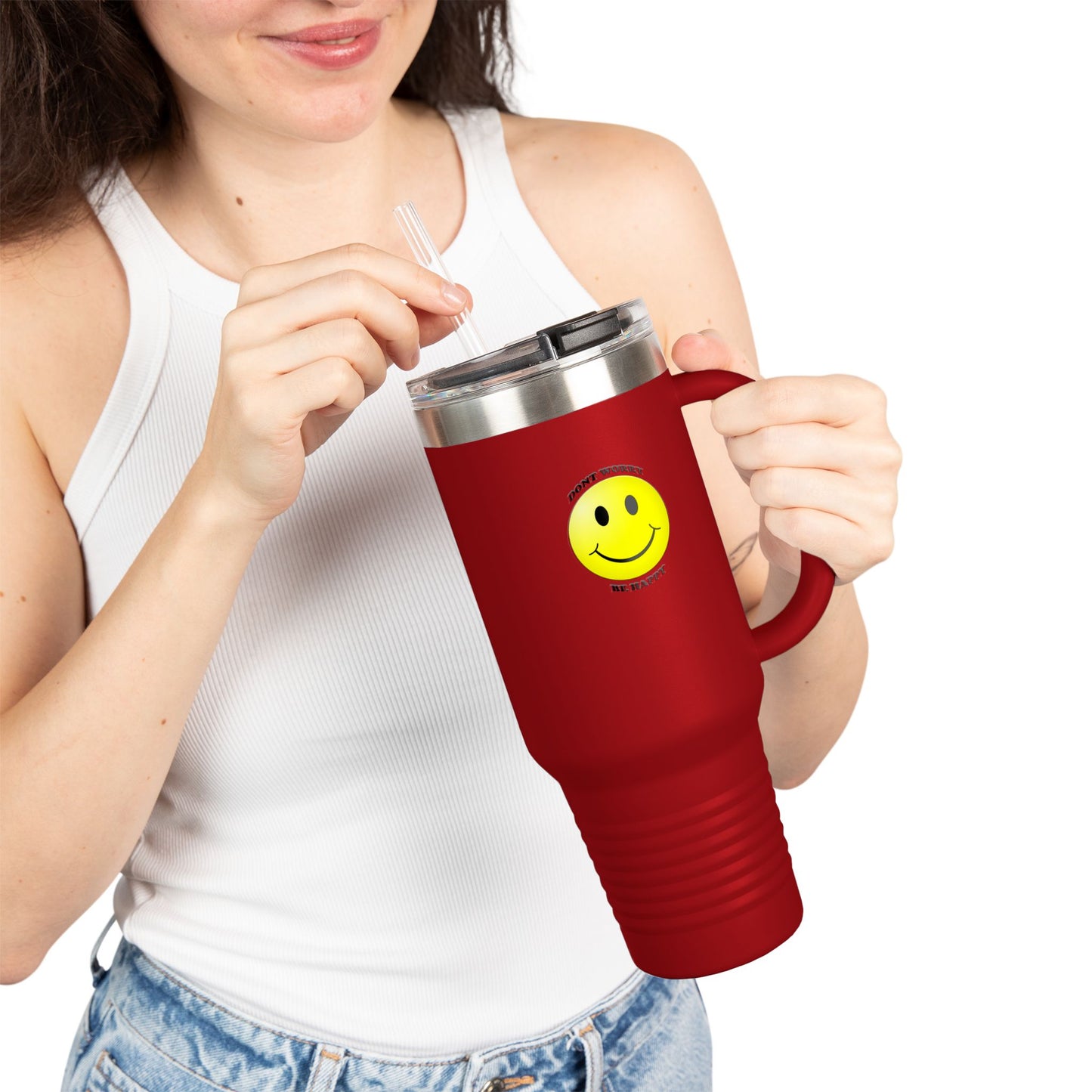 Happy Face Insulated Travel Mug | 40oz, Summer Vibes, Gift for Coffee Lovers, Home Office Essential, Brighten Your Day