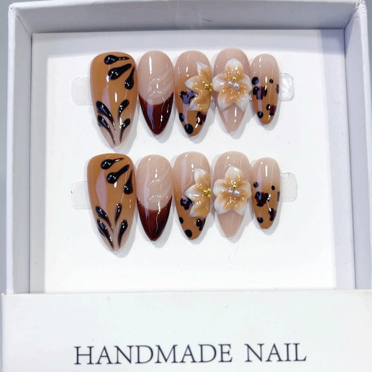 Amber Bloom: "Leopard & Flower" – Long Almond Handmade Press On Nails – Image 2
