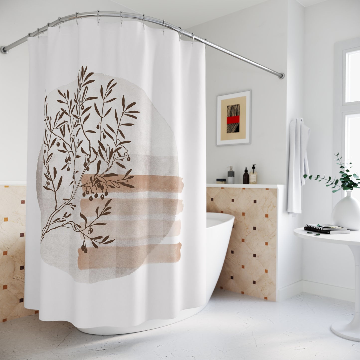 Botanical Neutral Shower Curtain — Minimal Olive Branch Bath Decor