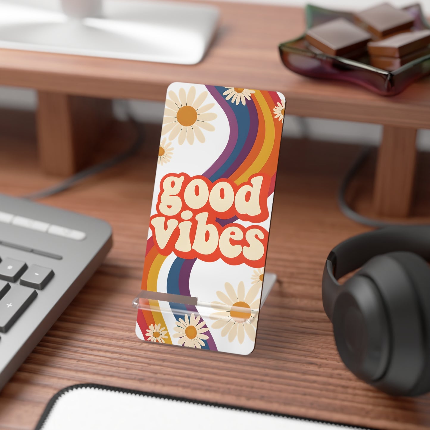 Good Vibes Mobile Display Stand, Phone Holder, Desk Organizer, Cute Gift for Students, Minimalist Home Decor, Rainbow Design