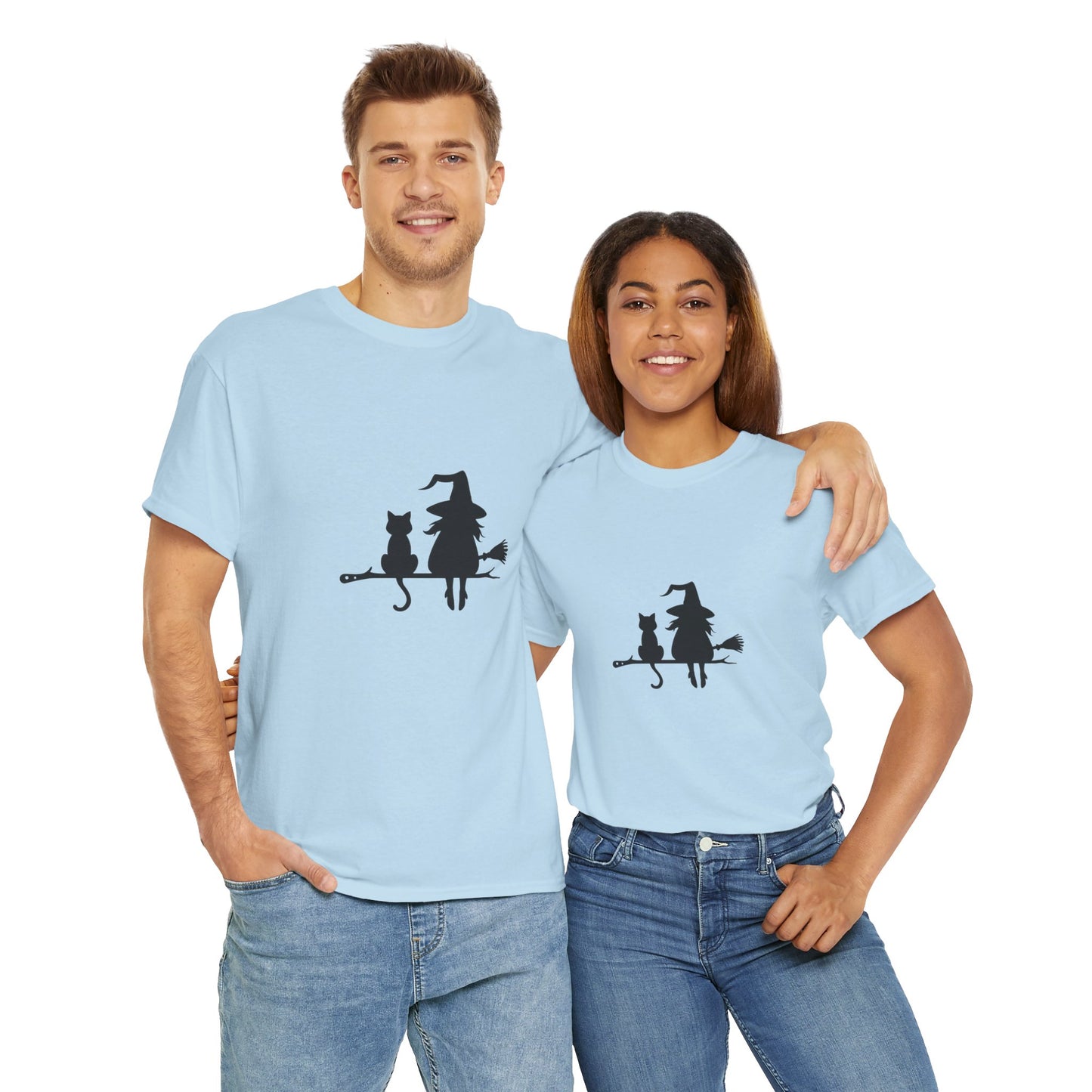 Witch and Cat Tee | Spooky Unisex Shirt for Halloween | Cute Witchwear for Cat Lovers | Fall Wardrobe Essential | Gift for Magical Friends