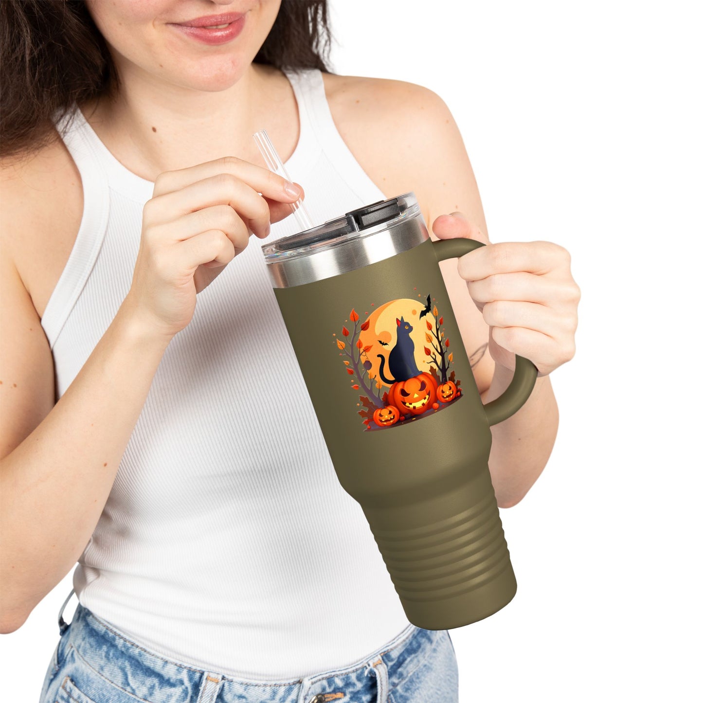 Halloween Cat Insulated Travel Mug | 40oz, Fall Coffee Tumbler, Pumpkin Travel Cup, Spooky Drinkware, Gift for Cat Lovers