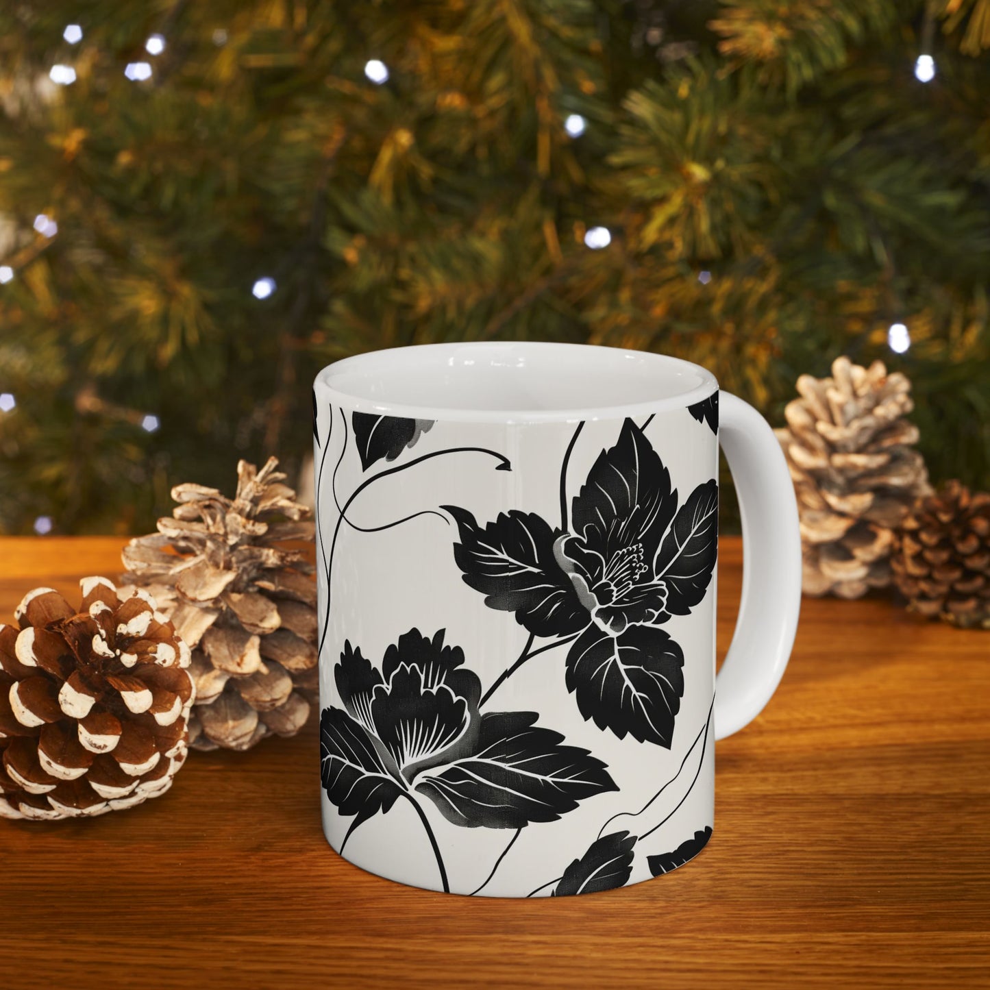 Black Floral Ceramic Mug — Monochrome Vintage Flower Coffee Cup (11oz & 15oz)