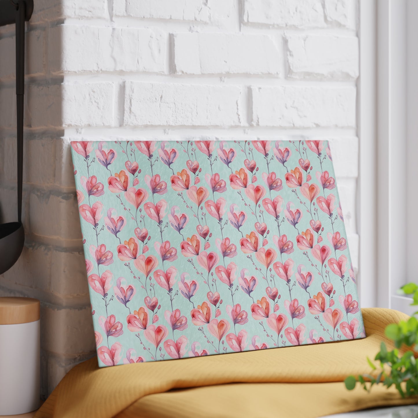 Floral Watercolor Glass Cutting Board — Pink Tulip Pattern