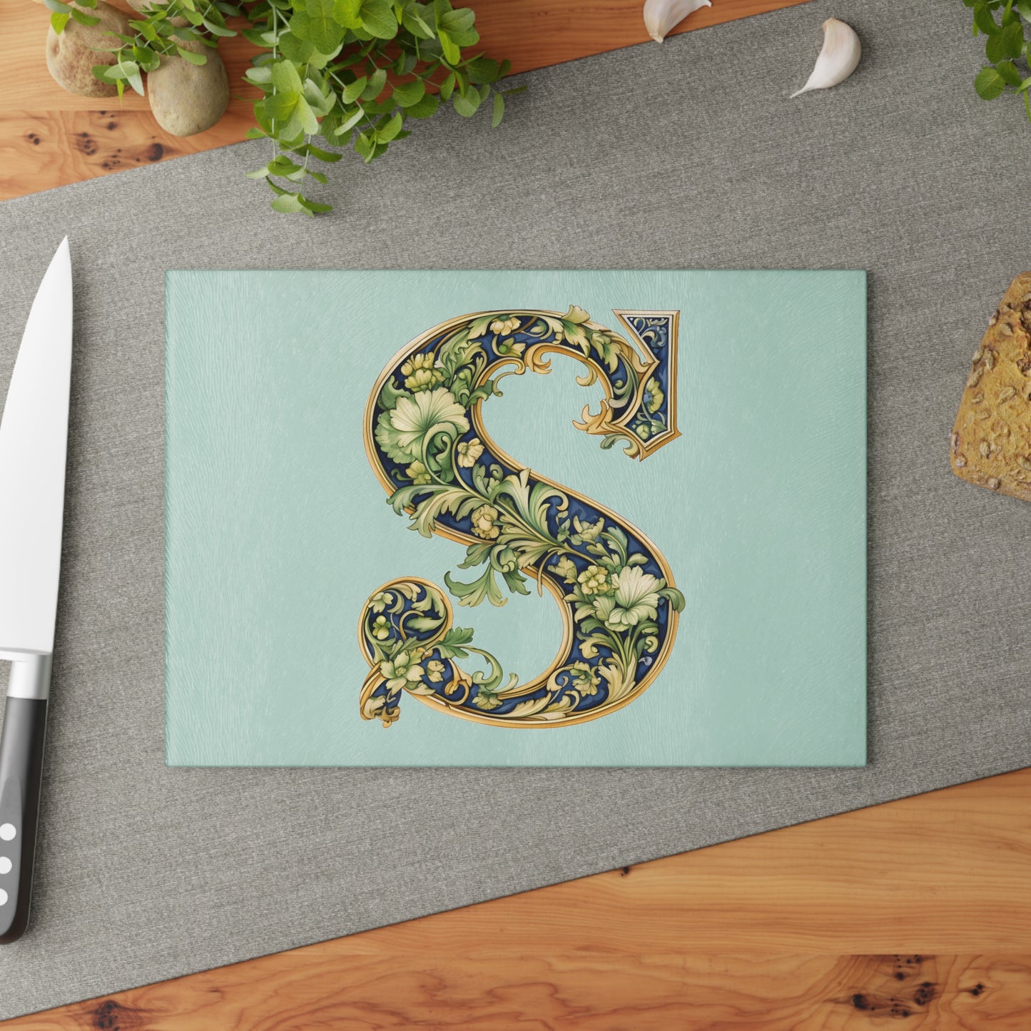 Monogram S Floral Glass Cutting Board – Decorative Initial S Kitchen Board
