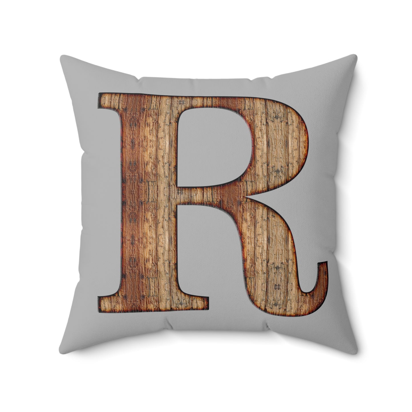 Wooden Monogram 'R' Decorative Throw Pillow - Rustic Farmhouse Accent